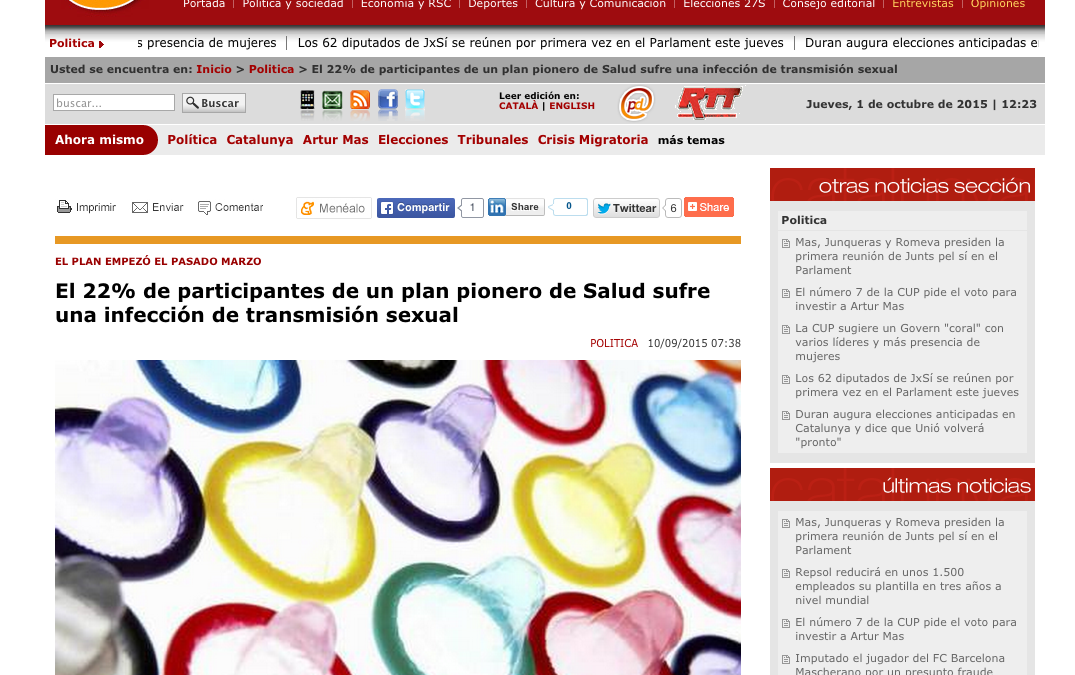 CATALUNYA PRESS: El 22% de participantes de un plan pionero de Salud sufre una infección de transmisión sexual